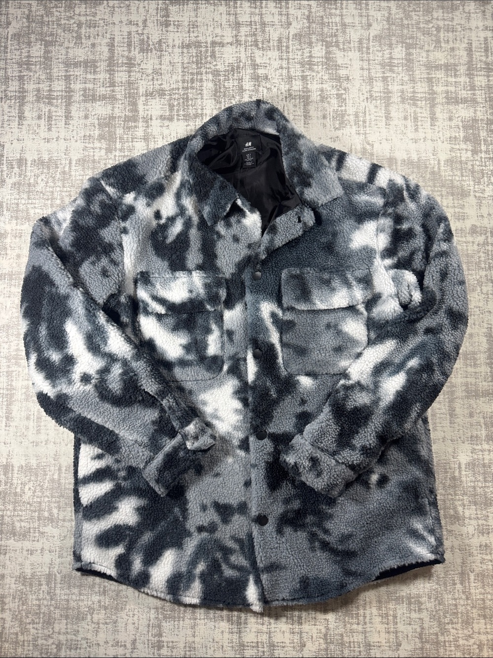 H&M Camo Sherpa Snap Jacket Black Gray Adult Small Deep Pile Fleece 28X22 PTP